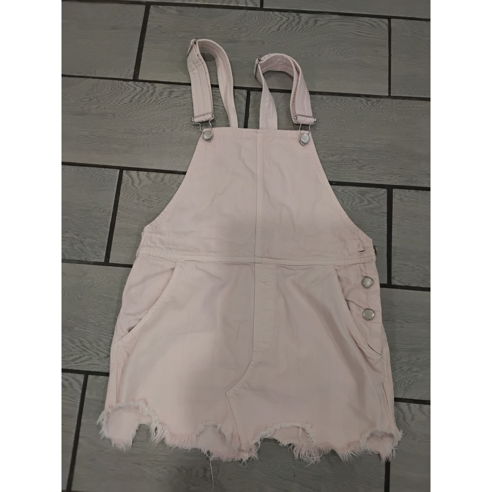Free People Pink Denim Overall Mini Dress Raw Hem Size 4 Bib Skirtall